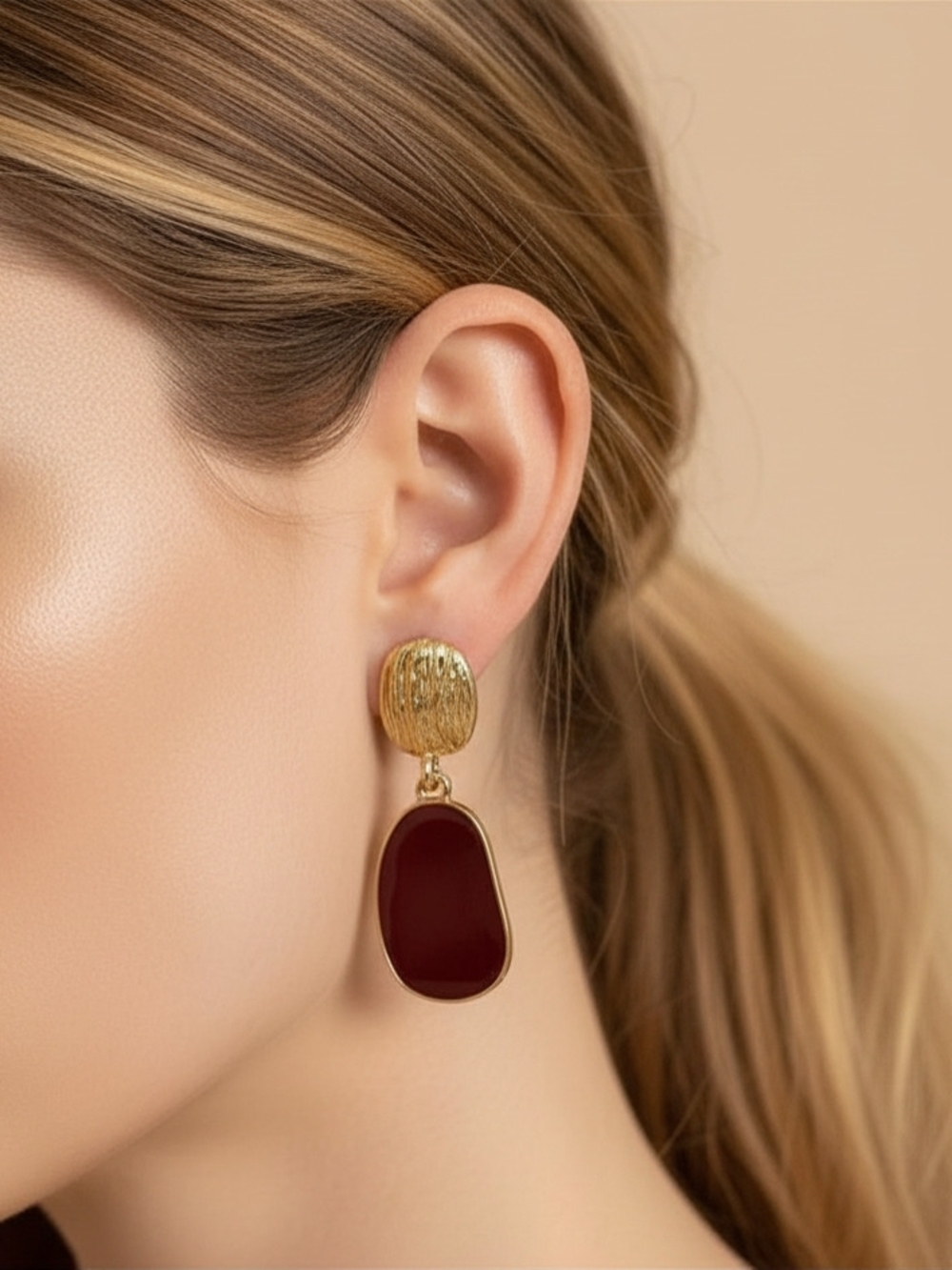 Gold Plated Drop Earrings with Burgundy Resin Accents - 925 Silver Needle - Picture 2 of 2